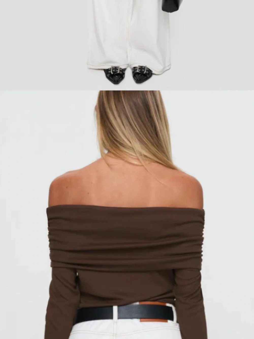 Off-Shoulder Long Sleeve Bodysuit in Chocolate Brown - Picture 2 of 5